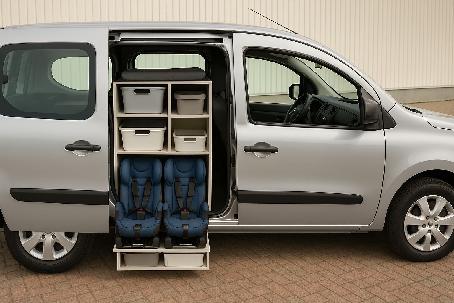 Schoon en georganiseerd interieur van een schoolbusje met lege stoelen en ramen.
